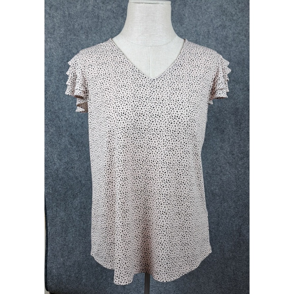 Adrianna Papell pink Ditsy Flutter Sleeve V Neck Blouse Top Womens Size Medium